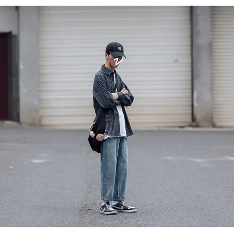 Streetwear Men 2022 New Pattern Recreational Vintage Blue Jeans Loose Straight Cylinder Broad Leg Trousers Autumn Female Trend