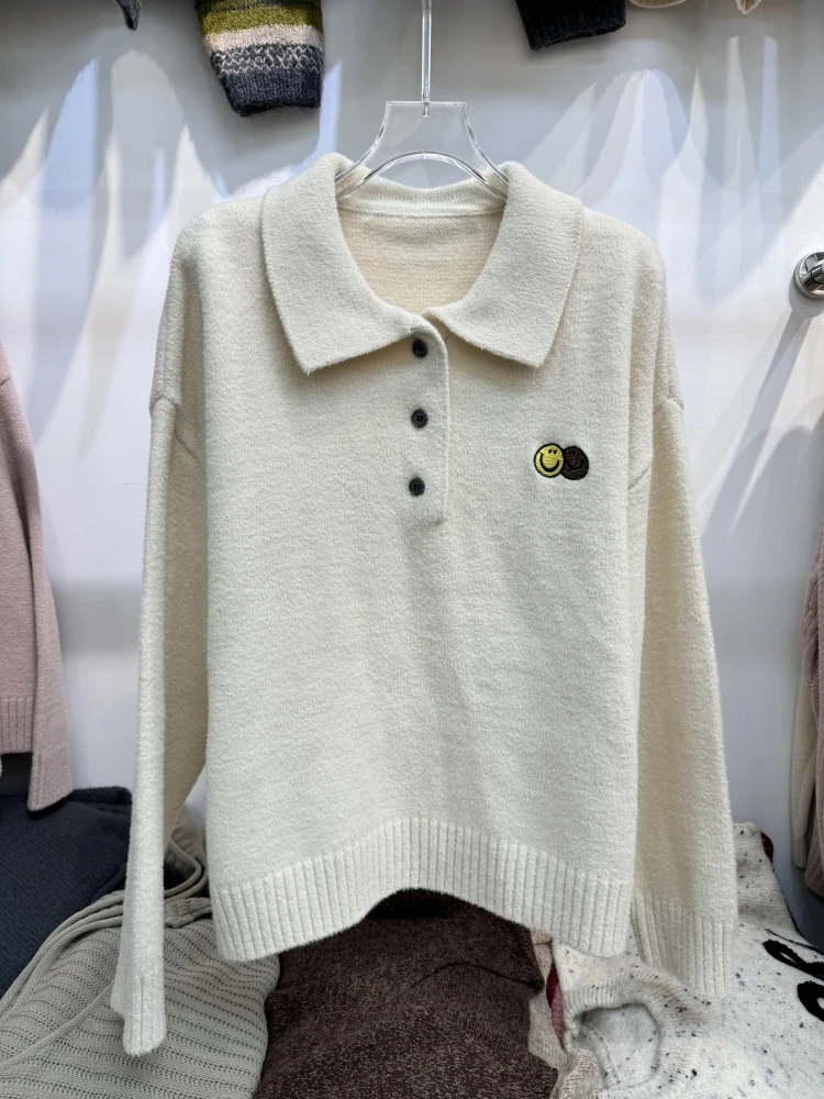 Smiley Embroidered Polo Collar Loose Idle Sle Short Mink Cashmere Sweater Women's Coat Autumn and Winter New Korean Fashion...