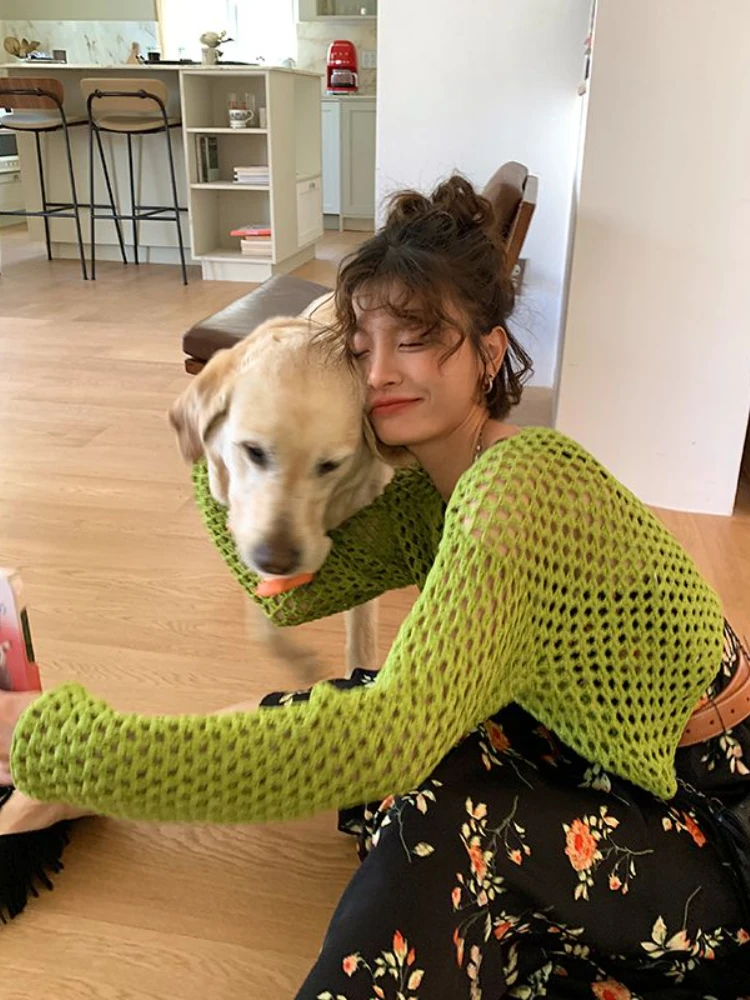 

Deeptown Y2K Vintage Green Oversized Sweater Women Harajuku Kpop Hollow Out Smock Pullover Knitted Crop Tops Fairy Grunge 2000s
