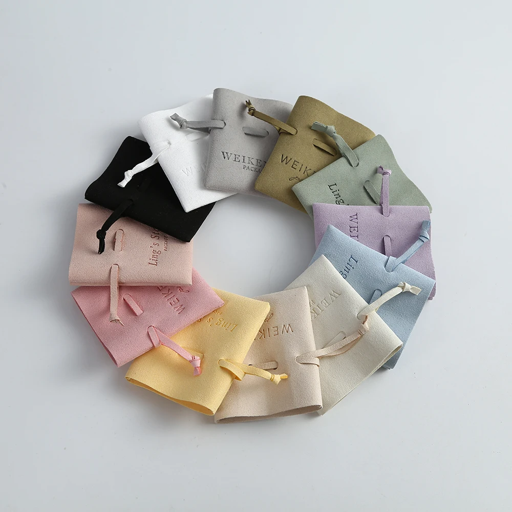 Personalized Logo Beige Microfiber Jewelry Organizer Bag Drawstring Necklace Earrings Rings Storage Pouch Chic Wedding Favor Bag