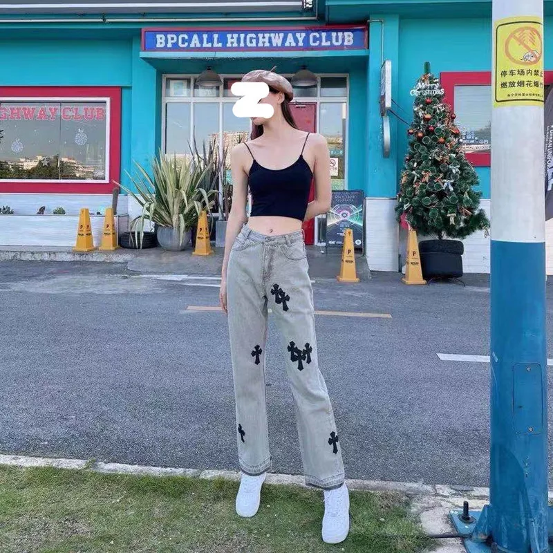 

Streetwear Korean Fashion Female Clothes Straight Baggy Pants Casual Denim Trousers Cross Applique Jeans Woman High Waist Y2k