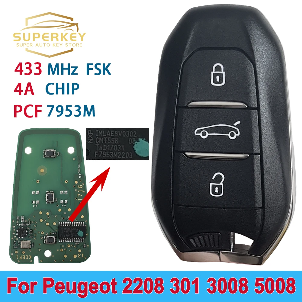 

SUPERKEY OEM корпус умный дистанционный Автомобильный ключ 3 кнопки для Peugeot 208 301 3008 5008 БЕСКЛЮЧЕВОЙ Go Traveler Expert 4A чип 433 МГц