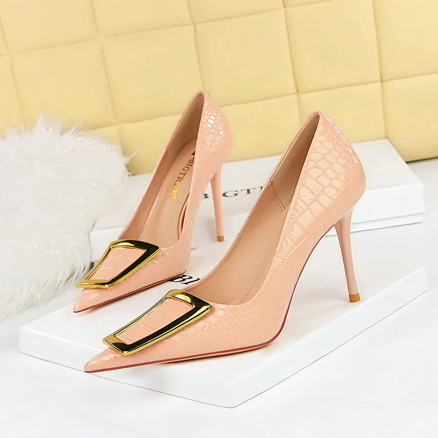 

Fashion Women Sexy High Heels Shoes for Woman Thin Heel Shallow Pointed Toe Metal Buckle Female Single Shoes Women's Wedding