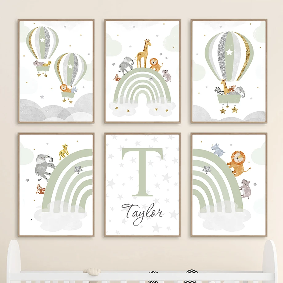 Жираф Лев Слон Радуга воздушный шар Детская настенная живопись холст