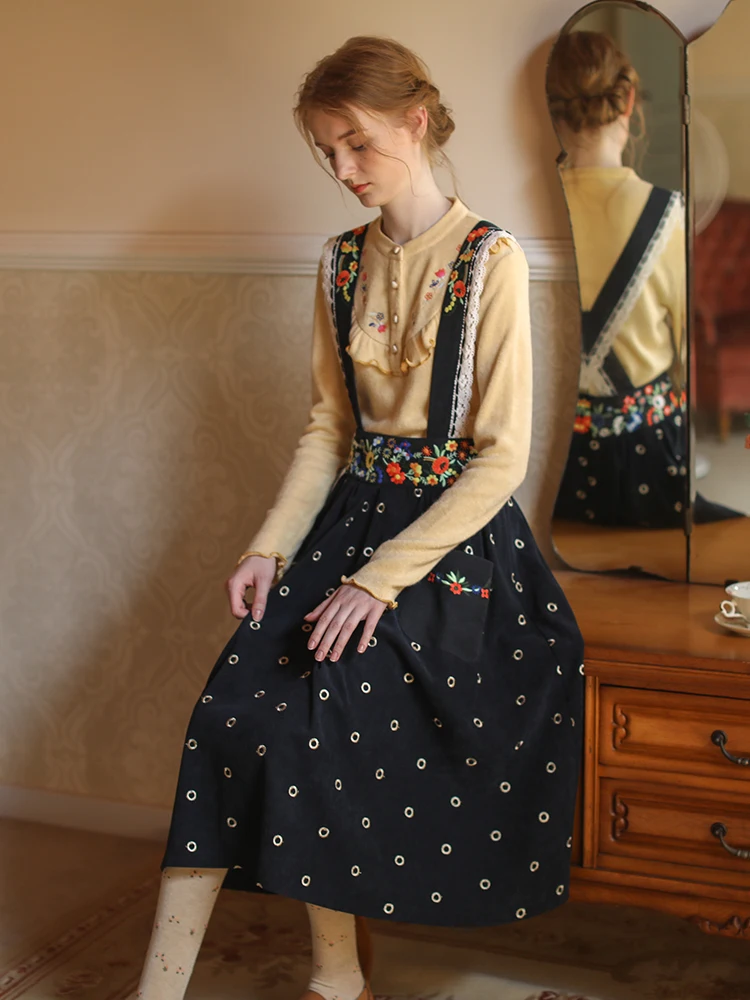 

Женская Вельветовая юбка на подтяжках, черная винтажная элегантная облегающая юбка в горошек с цветочной вышивкой, Осень-зима