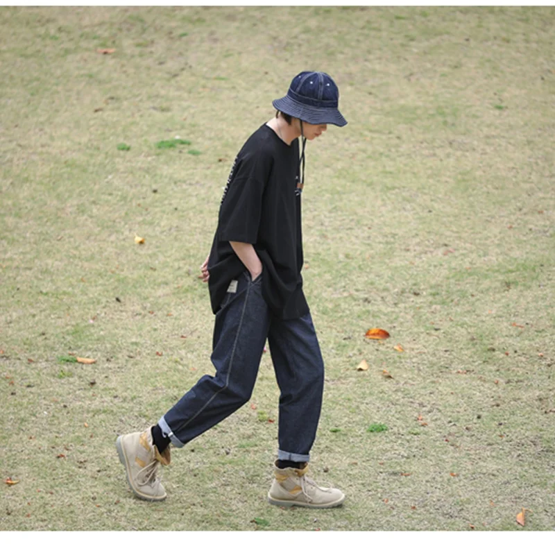 Streetwear Men 2022 New Pattern Vintage Recreational Navy Blue Jeans Loose Straight Cylinder Broad Leg Trousers Autumn Female