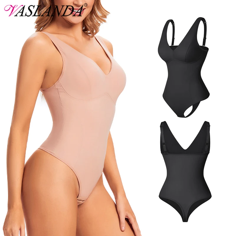 Women Sexy Thong Bodysuit Built in Bra Push Up Chest Smooth V Neck Body Shaper Tummy Control Slimming Backless Padded Shapewear