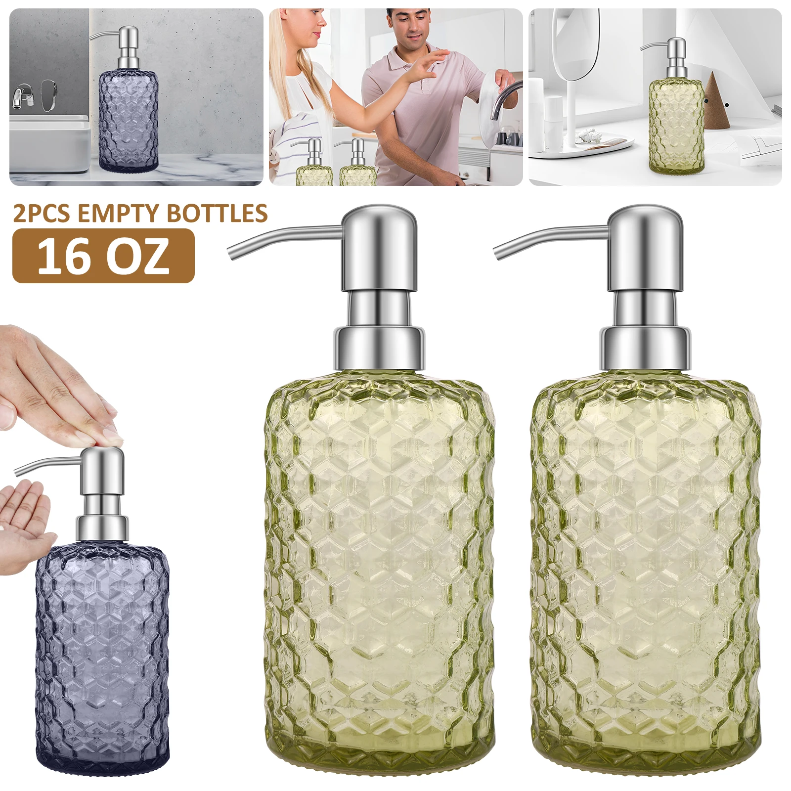 

Диспенсер для мыла стеклянный многоразовый с насосом из нержавеющей стали, 16 унций, 2 шт.