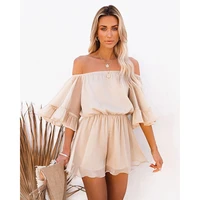 women playsuit sexy off the shoulder summer solid color ruffles slash neck short sleeve high waist loose jumpsuits