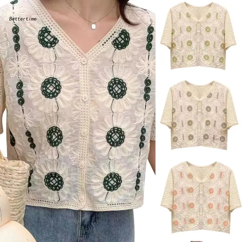 

B36D Womens Hollow-Knit T-shirt Tees Hollow-Short Sleeve Crochet Crop Tops Blouses