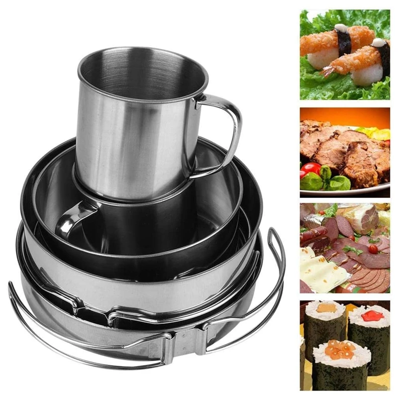 

8 Pcs Stainless Steel Cooking Cookware Mess Kit Portable Compact Camping Pot Pans Cups Kit for Backpacking Hiking Picnic