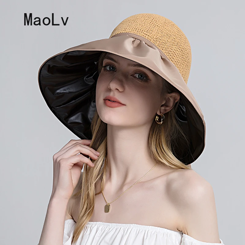 Summer Black Glue Sunscreen Straw Hat Female Panama Hat Ladies Hats and Caps Beach Hats Women Large Wide Brim Sun Protection Cap