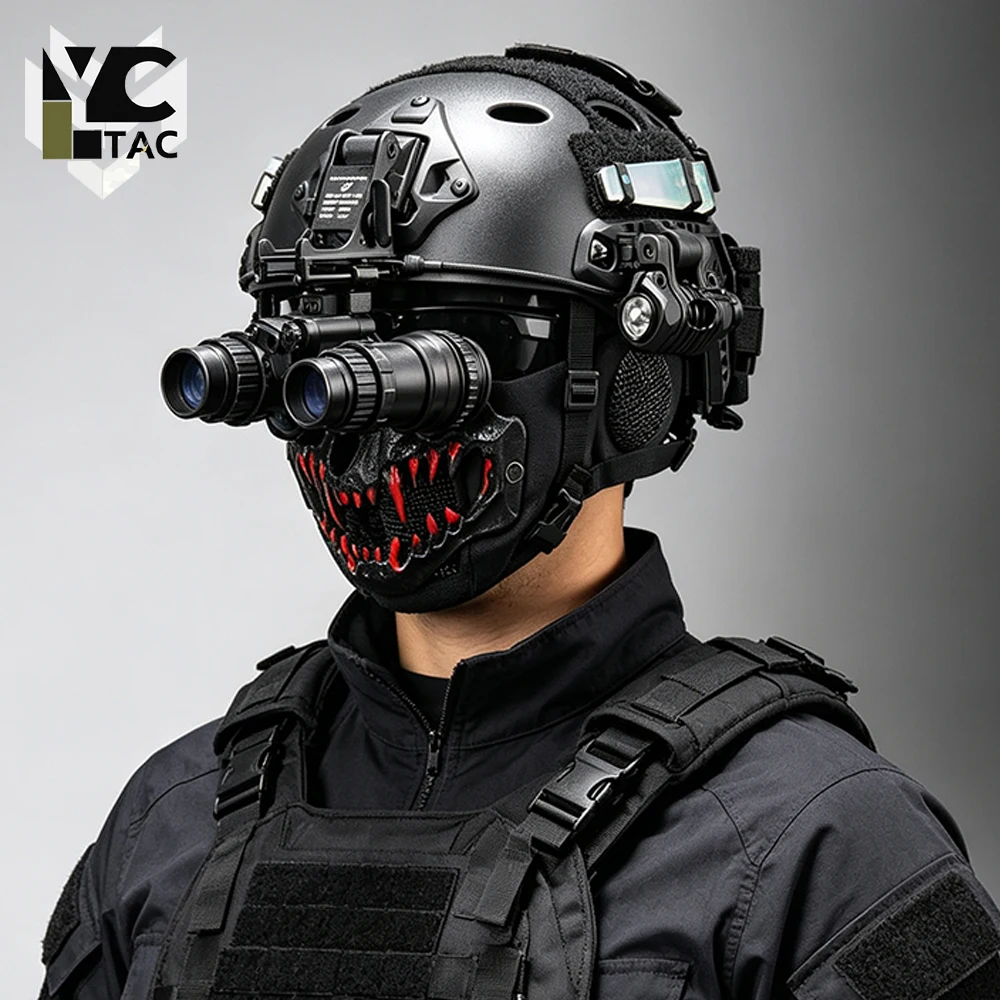 Фото Тактический шлем YCTAC FAST с маской, кронштейном для NVG и фонариком для игр CS, пейнтбола, варгейма, защитный шлем Ghost Face №1