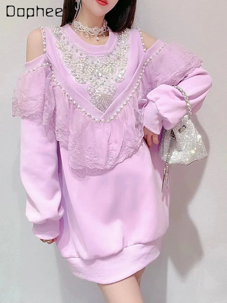 

Sweet Winter Clothes Women 2022 Autumn New Korean Style Women's Beaded Lace Ruffled Off Shoulder Purple Mid-Length Sweatshirt