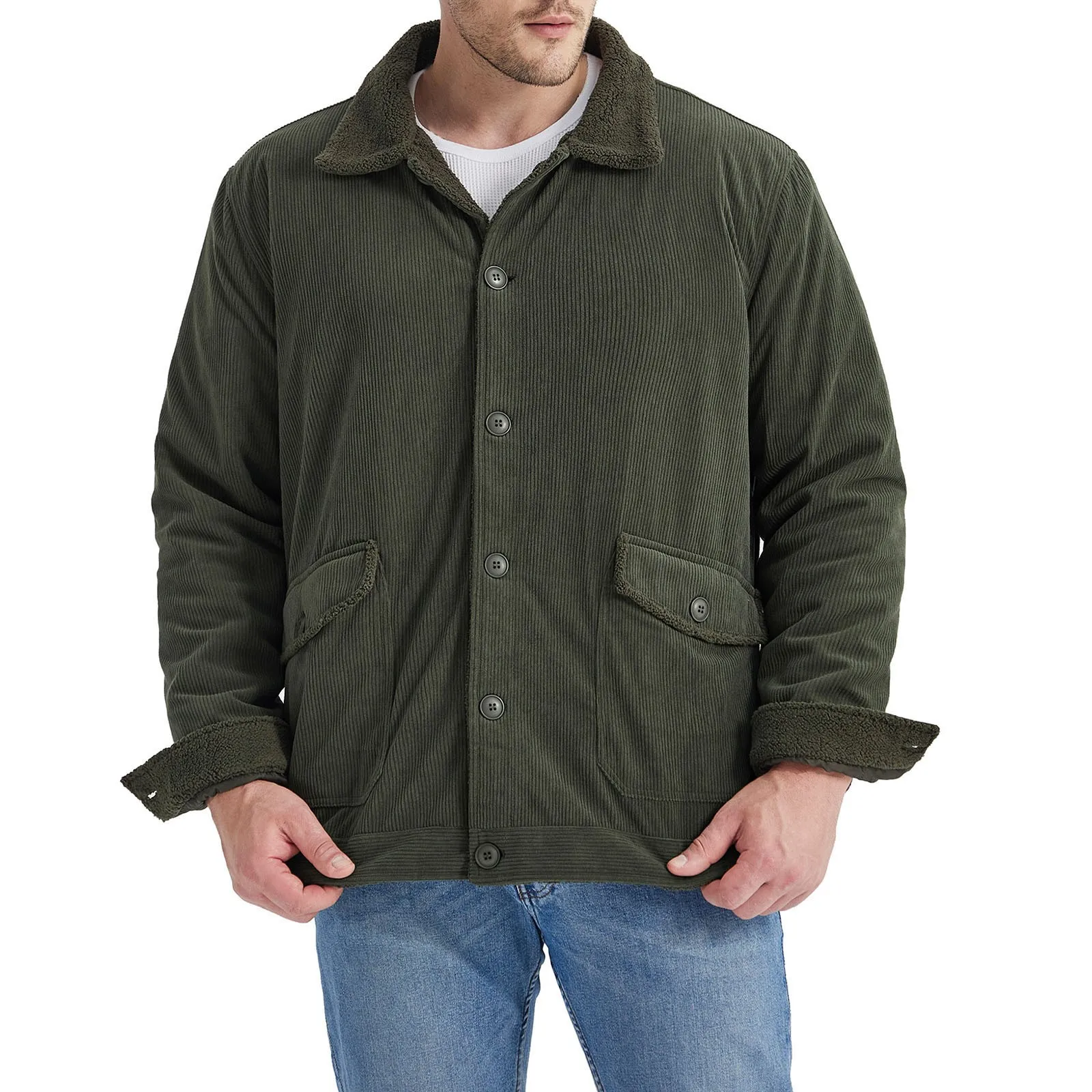 

US Size Mens Corduroy Fleece Thick Lined Pocket Jacket Solid Color Lapel Loose Lamb Fleece Jacket