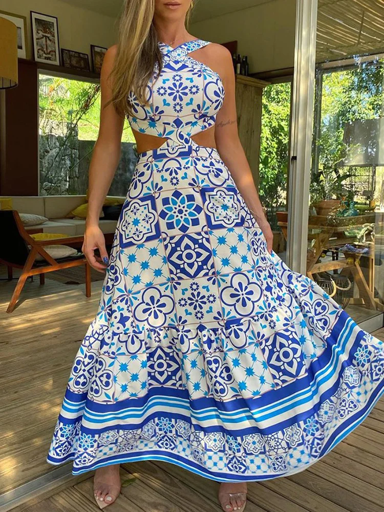 

Женское платье-макси без рукавов, с этническим принтом