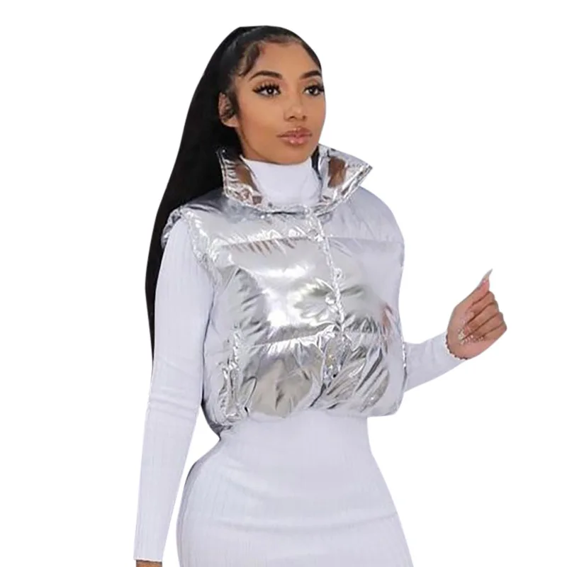 

2022 Winter Women's Clothes Quilted Pu Leather Sleeveless Padded Puffer Down Jacket Women Cropped Shiny Bubble Puffer Vest