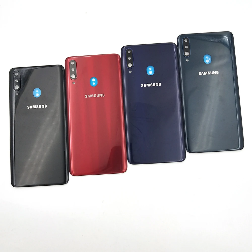

Задняя крышка батарейного отсека для Samsung Galaxy A20s A207 A207F A207M, пластиковая задняя панель корпуса + объектив камеры + клейкая наклейка