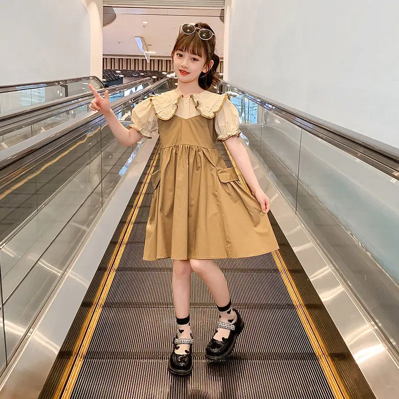 

Summer Girls Casual Dress New Cotton Stitching Girls Fashion Korean Version Princess Dress Doll Collar Suitable for 3-13 Years
