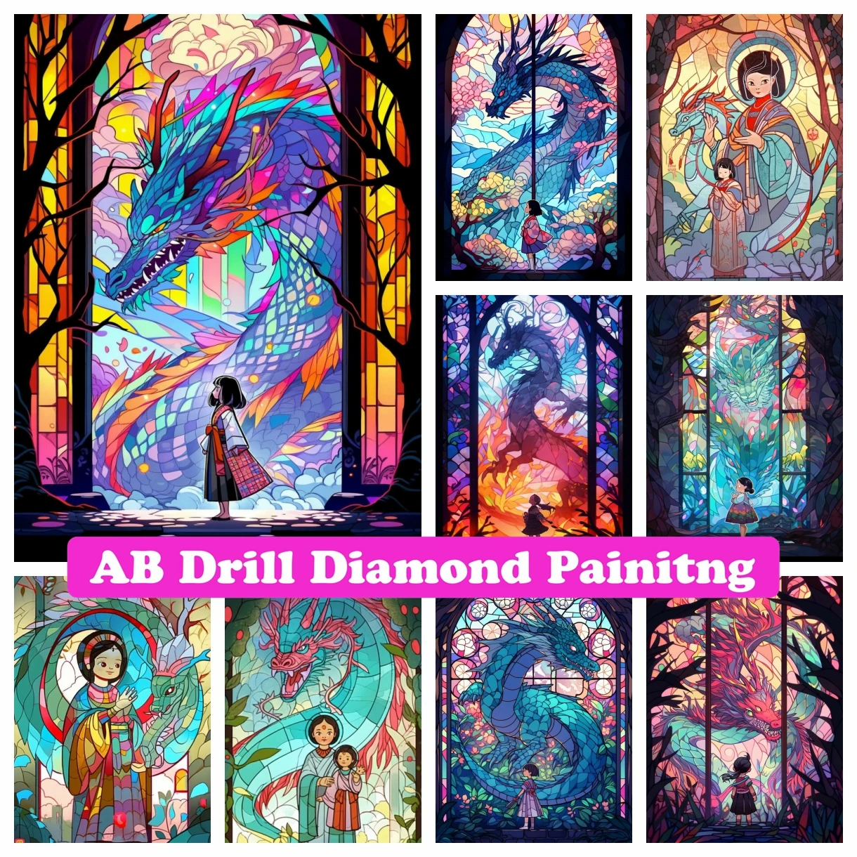 

Stained Glass Dragon and Girl 5D DIY AB Diamond Painting Embroidery Cartoon Cross Stitch Mosaic Handicraft Home Decor Kids Gift