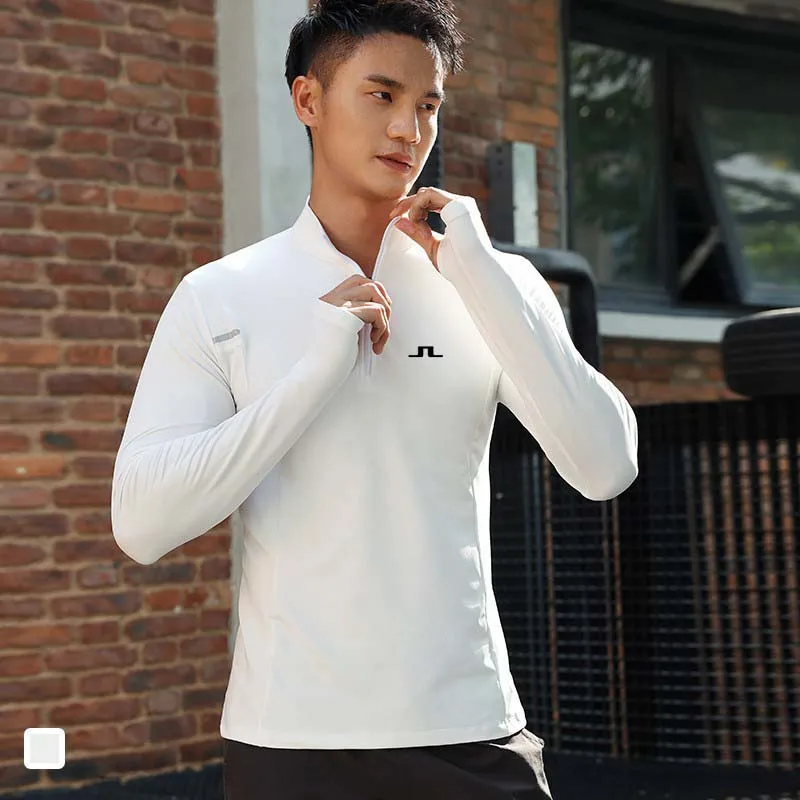Men Golf Thin Zip Mock Collar Outdoor Running Quick Dry Men's T-Shirt Long Sleeve Fitness Shooting Training Shirt Gym