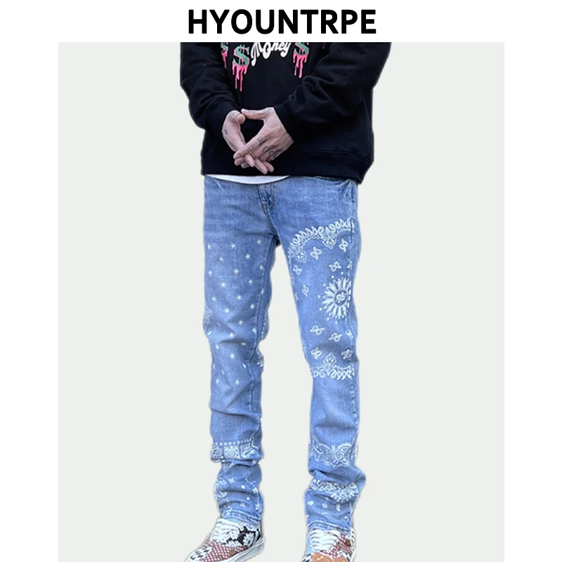 Mens High Street Paisley Print Denim Jeans Casual Hip Hop Distressed Jeans Slim Fit Skinny Denim Pants Joggers Streetwear Men