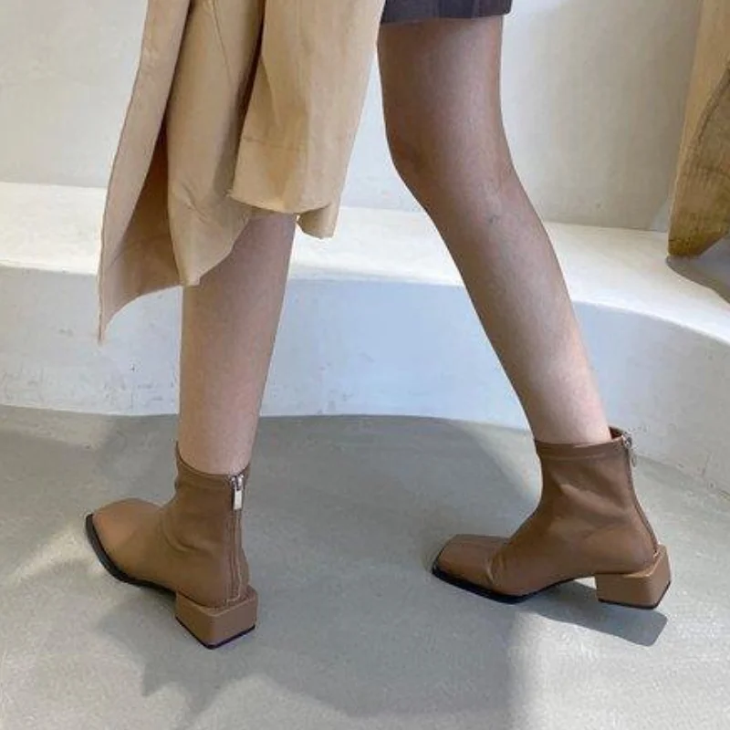 Spring Women's Ankle Boots Women's Low Heel Fashion Zipper Shoes Fall Winter Leather Women's Short Boots Botas Mujer 2023 New