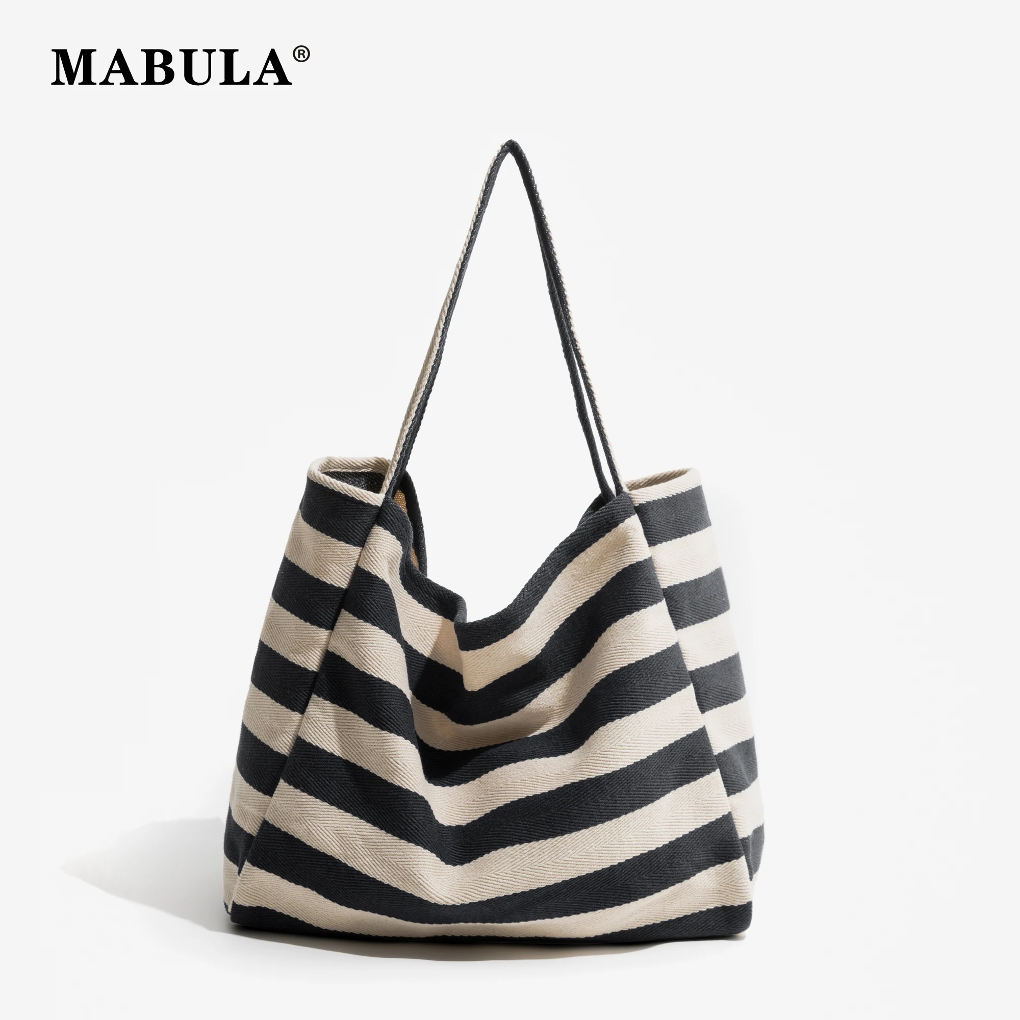 

MABULA Cotton Fabric Striped Women Shoulder Bag Large Capacity Casual Tote Bags Simple Design Female Simple Design Handbags