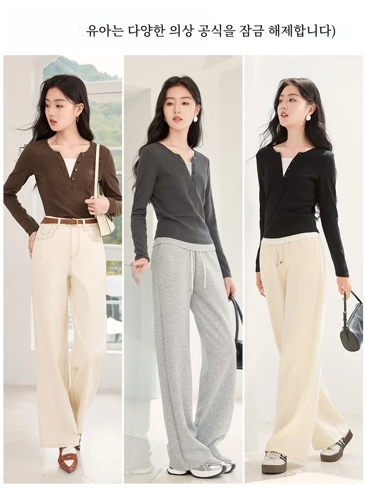 Xiangng черная вязаная футболка из двух предметов женская с длинным рукавом на весну