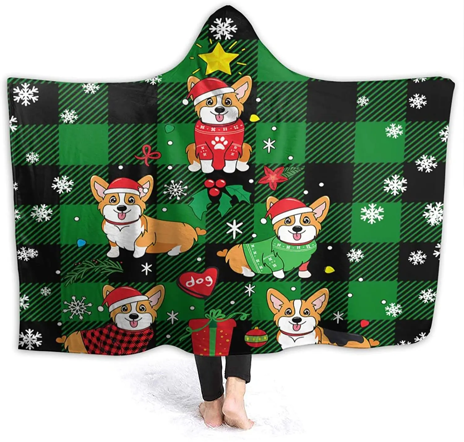 

Клетчатое рождественское одеяло с капюшоном, Фланелевое удобное покрывало с капюшоном, супермягкое теплое Зеленое одеяло