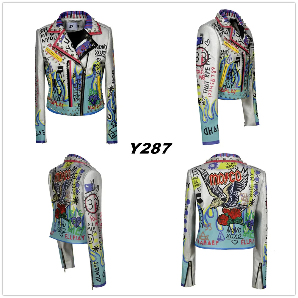 Faux Leather Jackets Women Hip hop Colorful Studded Rivet Coat New Spring  Autumn Ladies Motorcycle Punk Cropped Jacket Y287