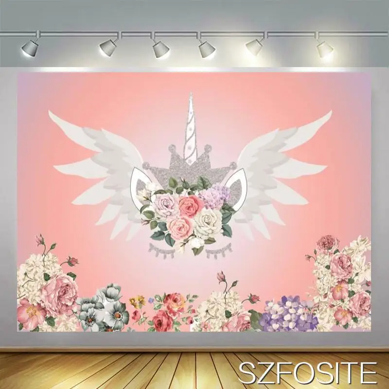 

Fantastic Unicorn Wings Flying Pink Backdrop Girl Birthday Party Room Table Decoration Kids Custom Vinyl Background Photo Shoot