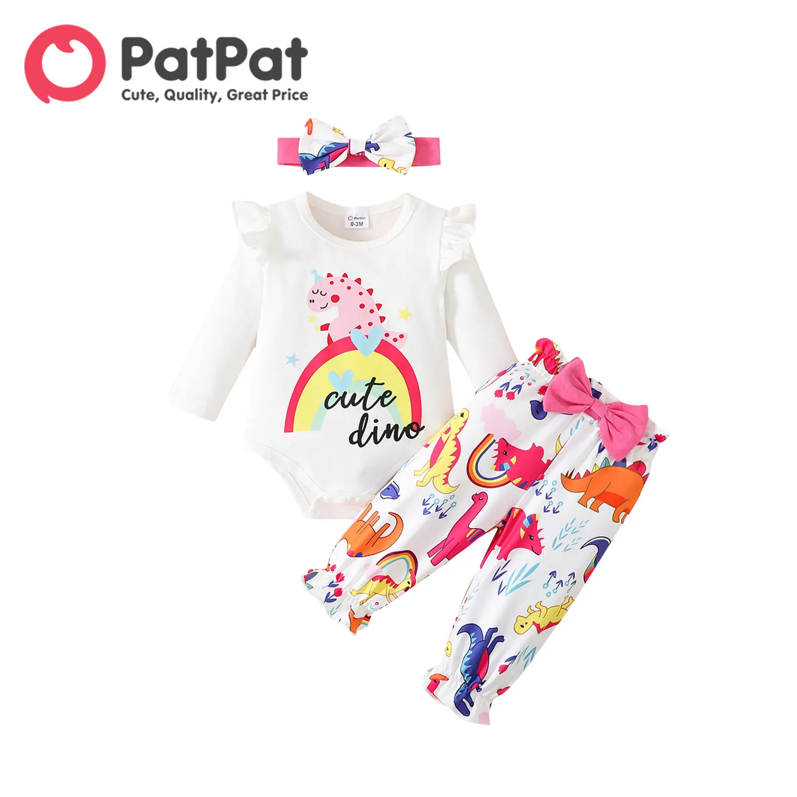 

PatPat 3pcs Baby Girl 95% Cotton Ruffle Long-sleeve Graphic Romper and Allover Dinosaur Print Pants with Headband Set
