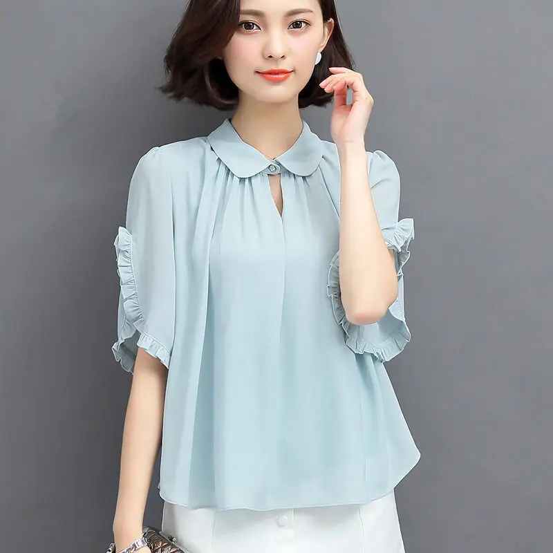

Chiffon blouse shirt women's short -sleeved 2020 summer women's Korean solid large size loose lotus leaf half sleeve top shirt