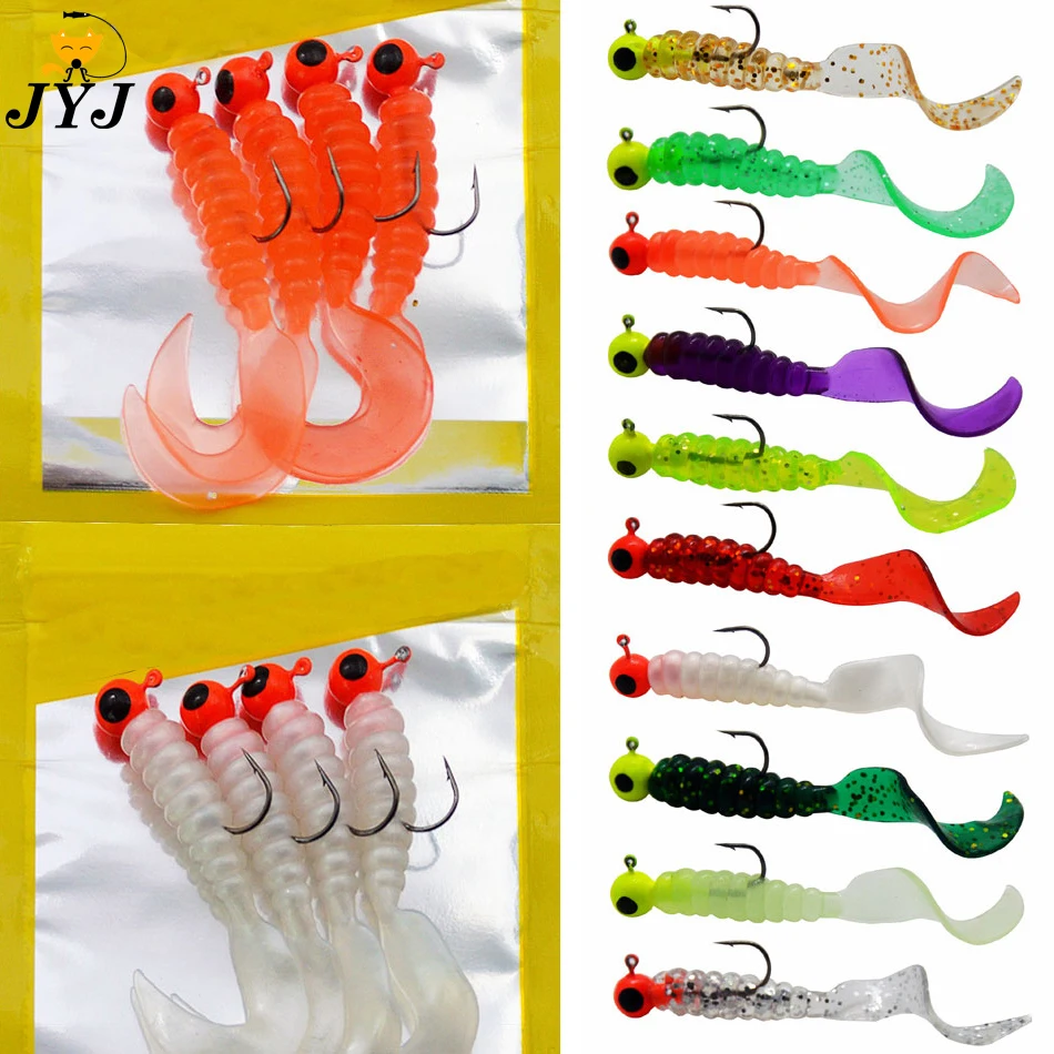 JYJ 4pcs/lot 3.5g jig hook with 6cm soft tail lure bait worm maggot silica fishing tackle grub bait for fishing perch tackle