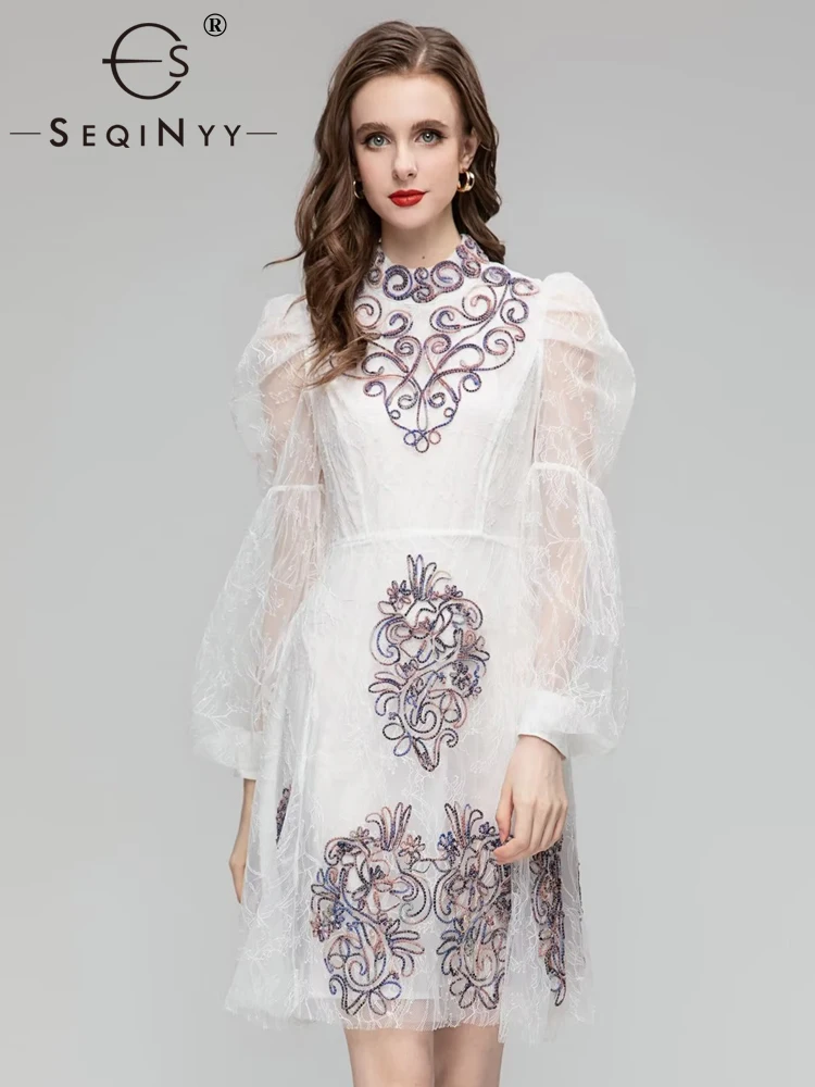 

Женское платье с вышивкой бисером SEQINYY, Белое Облегающее Сетчатое платье в винтажном стиле, лето-весна
