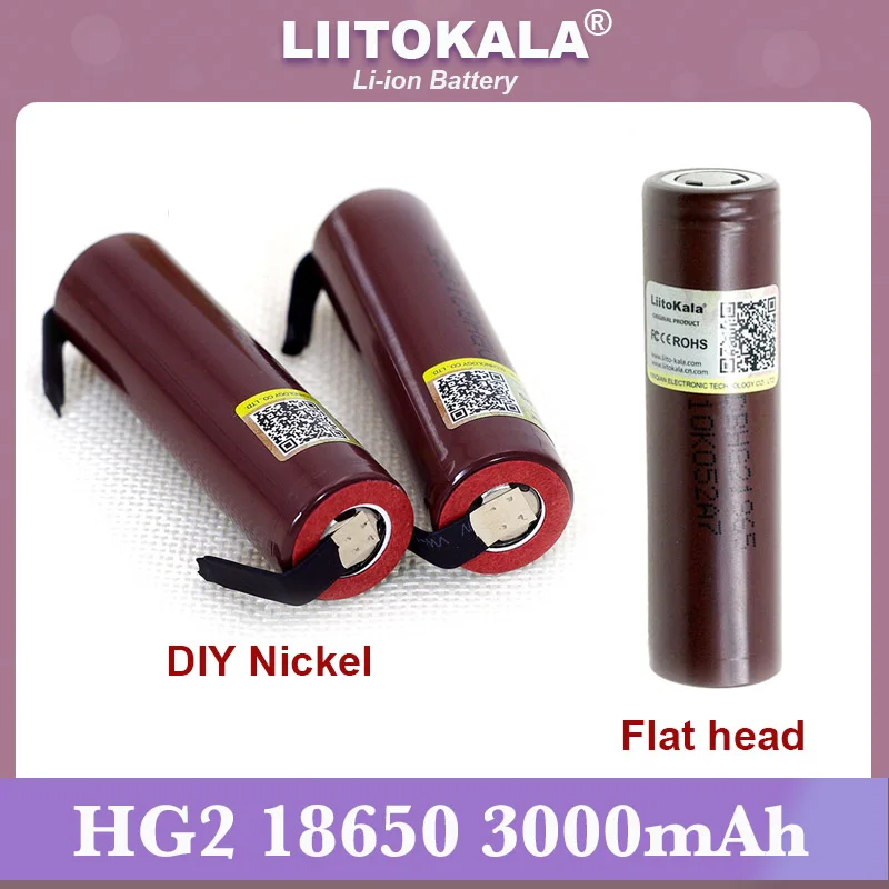 

Hot Liitokala new HG2 18650 3000mAh battery 18650HG2 3.6V discharge 20A dedicated For hg2 batteries Flat head + DIY Nickel