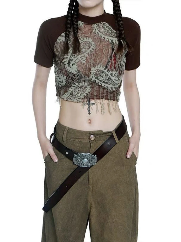 

Винтажный кроп-топ с бахромой в стиле пэчворк Y2k 2022, футболки с коротким рукавом Пейсли, уличная одежда, женские облегающие футболки в стиле ...