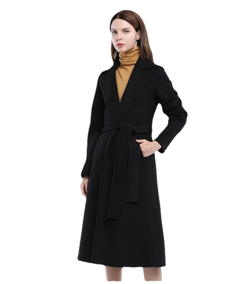 Customized 2022 Autumn and Winter New Wool Lace Up Reversible Wool Women's Medium Long Loose Wool Coat Women