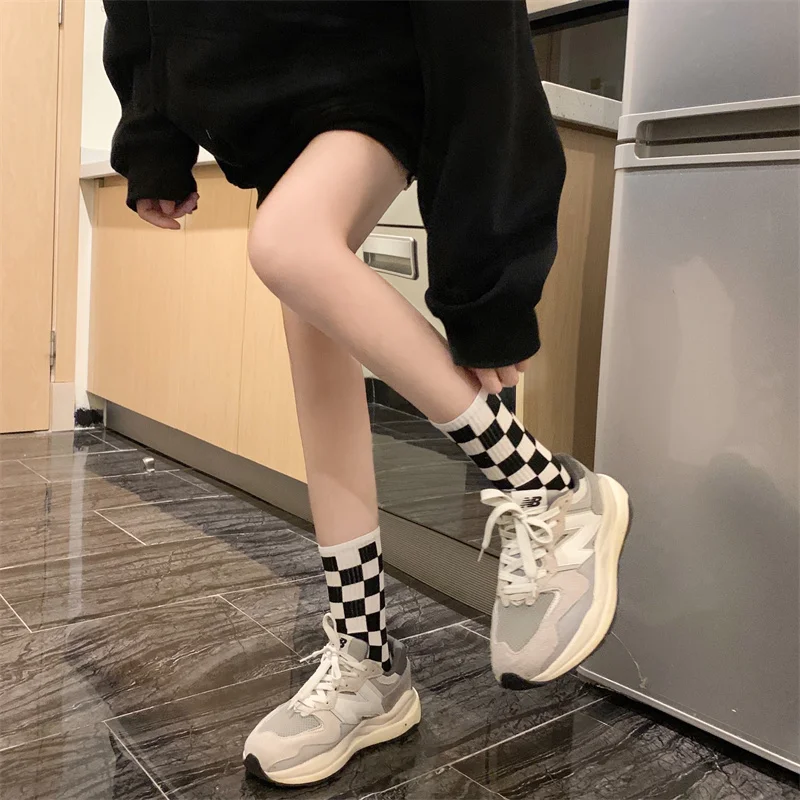 Harajuku Knee High Socks Gothic Lolita Novelty Checkerboard Nylons Woman High Stocking Chausette Femme