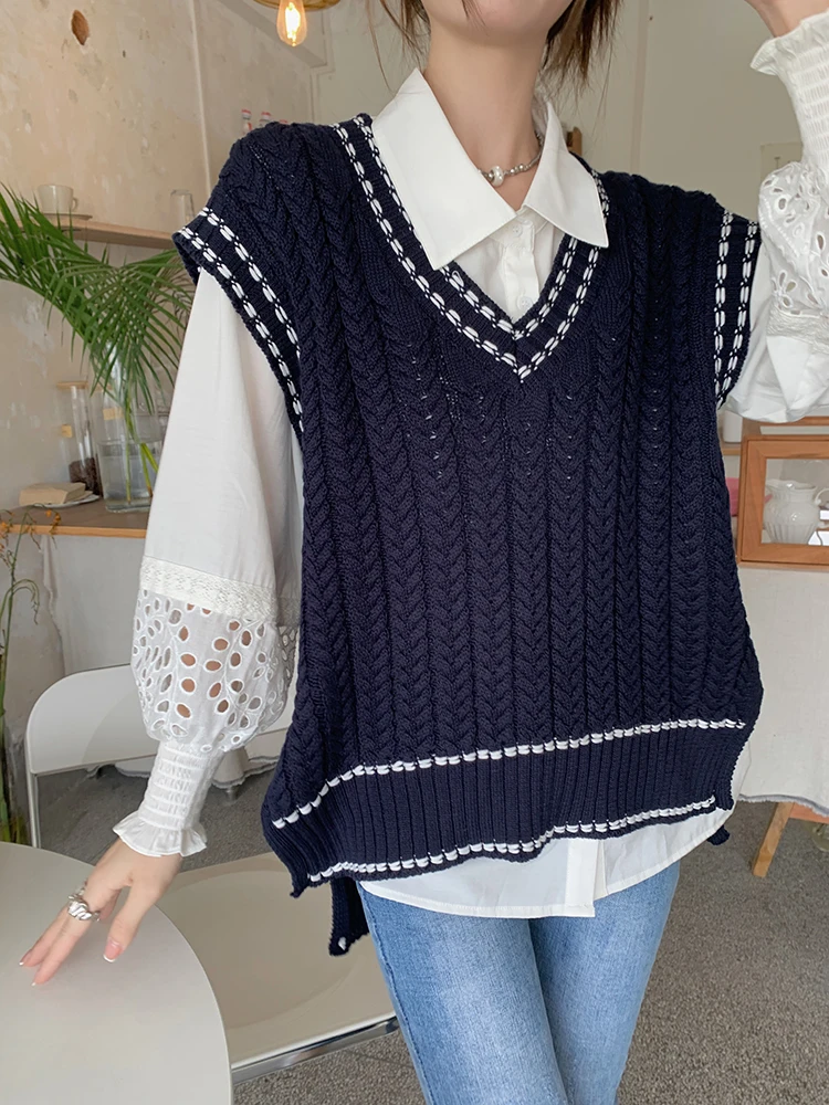 

GG0626 2022 new Lantern Sleeve Shirt + Vintage V-neck color matching overlapping knitted vest women's autumn fashion set