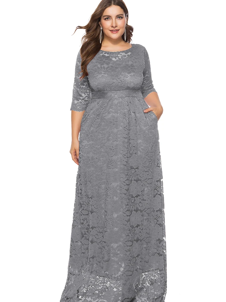 Plus-size women's new openwork lace pocket dress high-quality evening dress long dress party dress