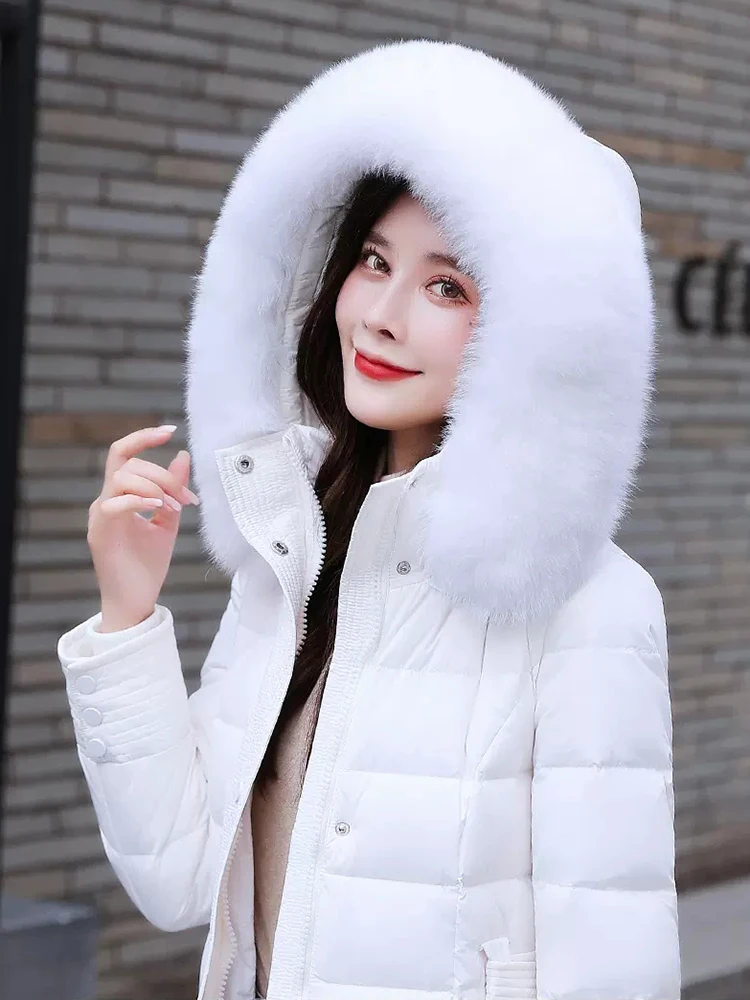 New Women Thicken Down Coat Winter Fashion Real Fox Fur Collar Hooded Lengthened Belt Down Jacket Keep Warm Slim Overcoat Female