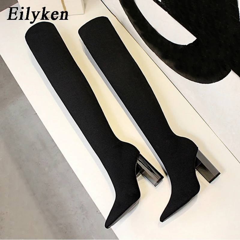 

Eilyken Over The Knee Boots Women knitting Stretch Fabric Sock Booties Sexy Pointed Toe Metal Square High Heels Female Shoes