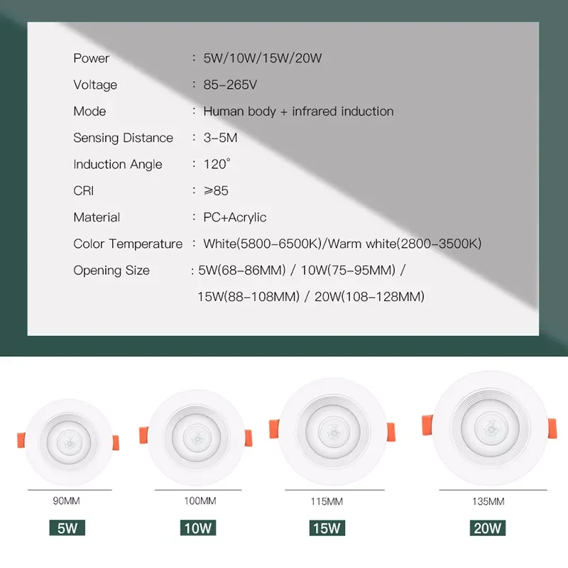 

PIR Motion Sensor Night Light 20W 15W 10W 5W LED Downlight Ceiling Lamp 85-265V Infrared Down Light Indoor Home Lighting