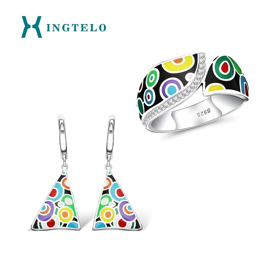 

XINGTELO Triangle Earrings Colorful Geometric Pattern Enamel Cubic Zirconia Ring 925 Sterling Silver Jewelry Set for Woman Weddi