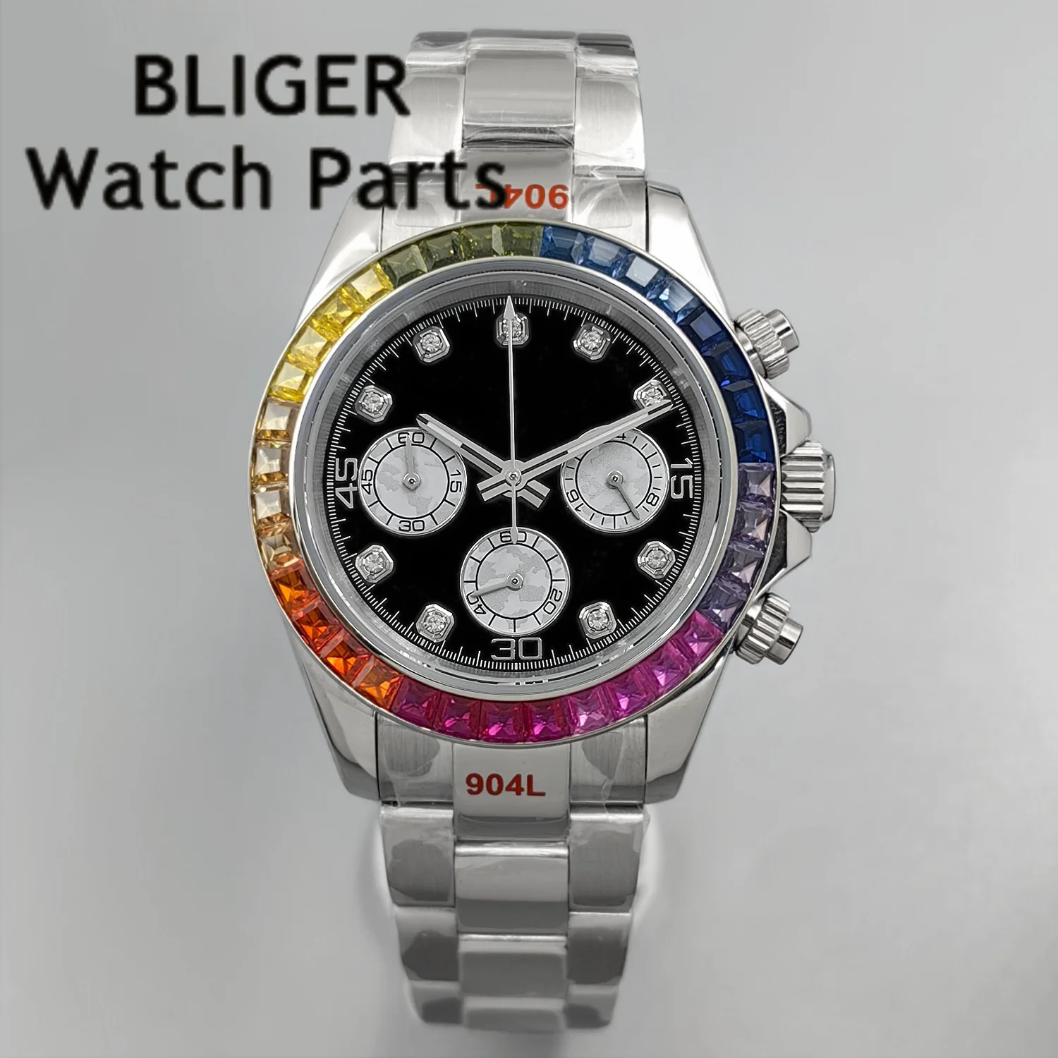 Фото Мужские часы BLIGER Black Panda с черным циферблатом, разноцветным безелем, хронографом VK63A, кварцевым механизмом, секундной стрелкой, сапфировым стеклом и резиновым ремешком. №1