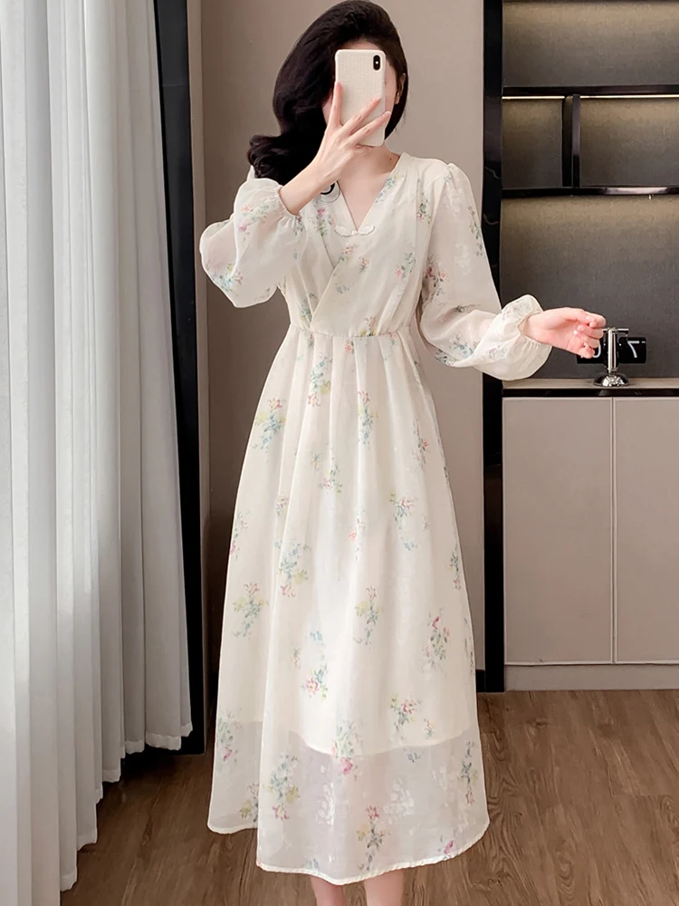 Весеннее белое шифоновое повседневное платье с цветочным принтом и длинным