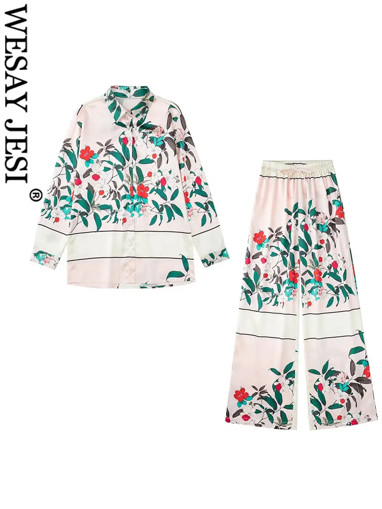 

WESAY JESI Elegant Shirt Print Flower Set Single Breasted Button Long Sleeve Blouse + Elastic Drawstring Wide Leg Pants Women