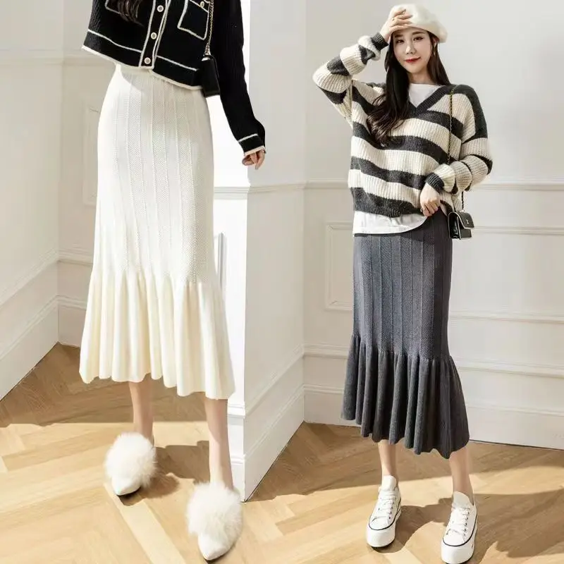 

2023 New Sweater Knitted Skirt Women Autumn Winter Style A-line Split Skirt Female Elegant Fashion High Waist Skirts Lady Q02
